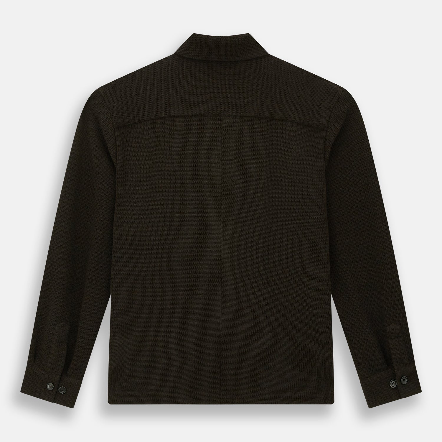 View 3 of product The Turnbull & Asser Dark Chocolate Greenwich Knitted Overshirt is crafted from Italian wool, with a classic collar, two flap chest pockets, and a concealed button front—offering a sleek cardigan alternative. Shown on a white background.