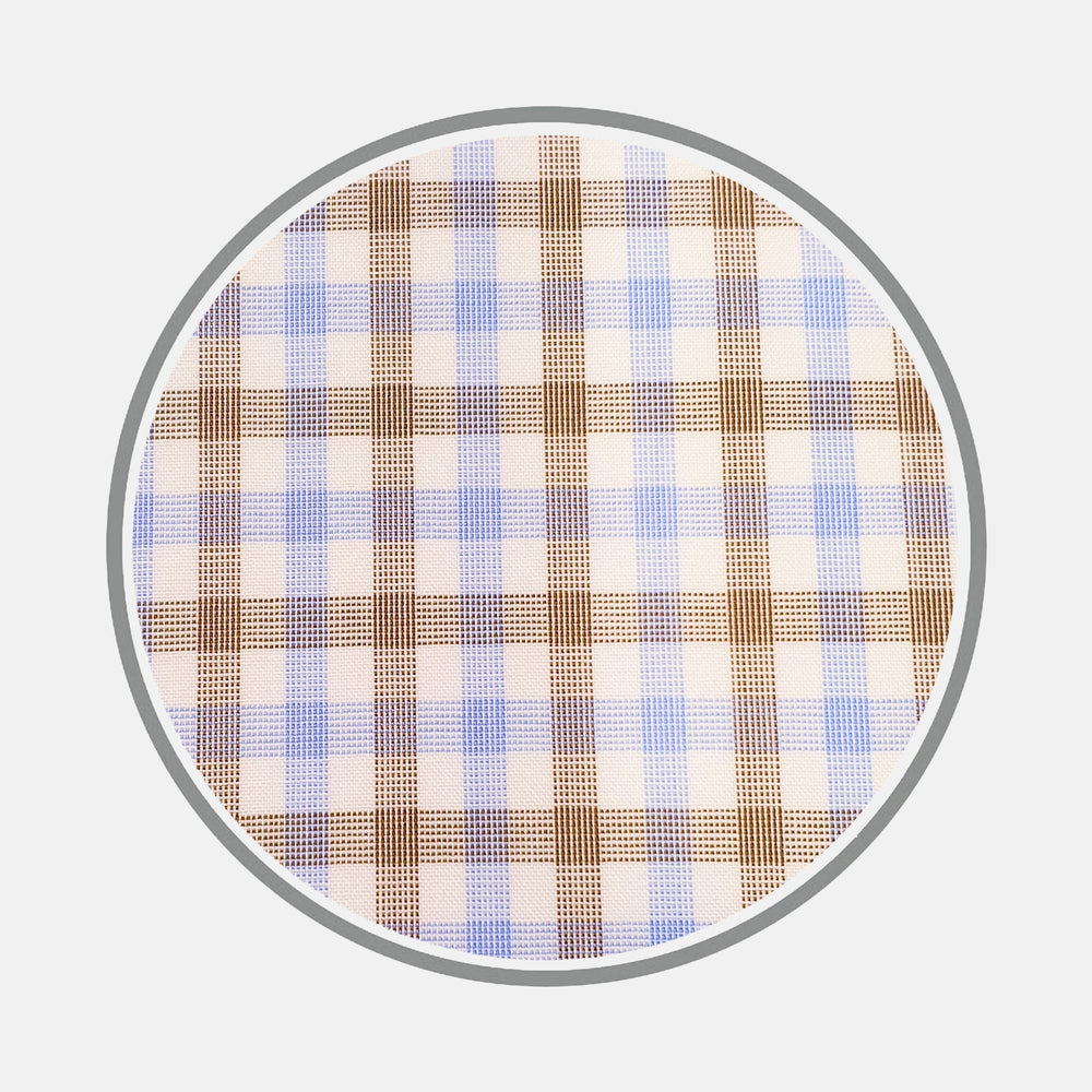 The Blue and Brown Multi Check Cotton Fabric by Turnbull & Asser features alternating blue, brown, and beige squares in a checkered pattern, bordered by a thin gray rim on a white background.