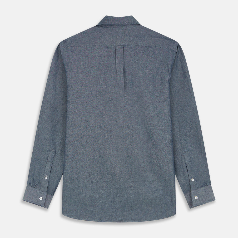 The Turnbull & Asser Blue Weekend Fit Oxford Finch Shirt features a Derby collar, chest pocket, white buttons, and classic fit—part of the Weekend Fit shirts collection—laid flat on a white background.