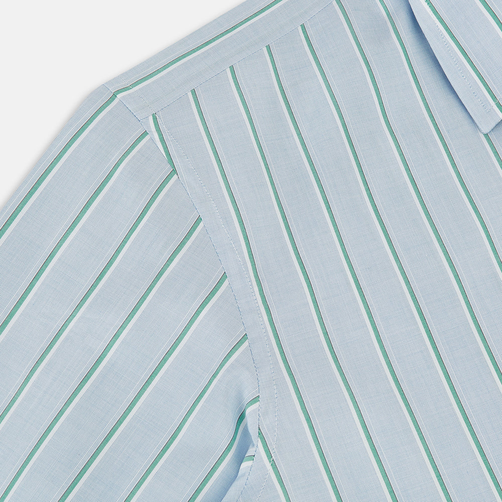 Blue and green multi-stripe Westminster shirt by Turnbull & Asser, featuring a pointed collar and buttoned cuffs—a refined example of British craftsmanship on a plain white background.