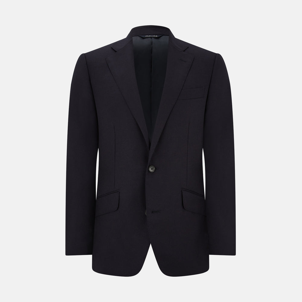 The Turnbull & Asser Short Navy Single Breasted Suit is shown flat on a white background, with a notch lapel jacket featuring two front pockets and matching trousers neatly folded underneath.