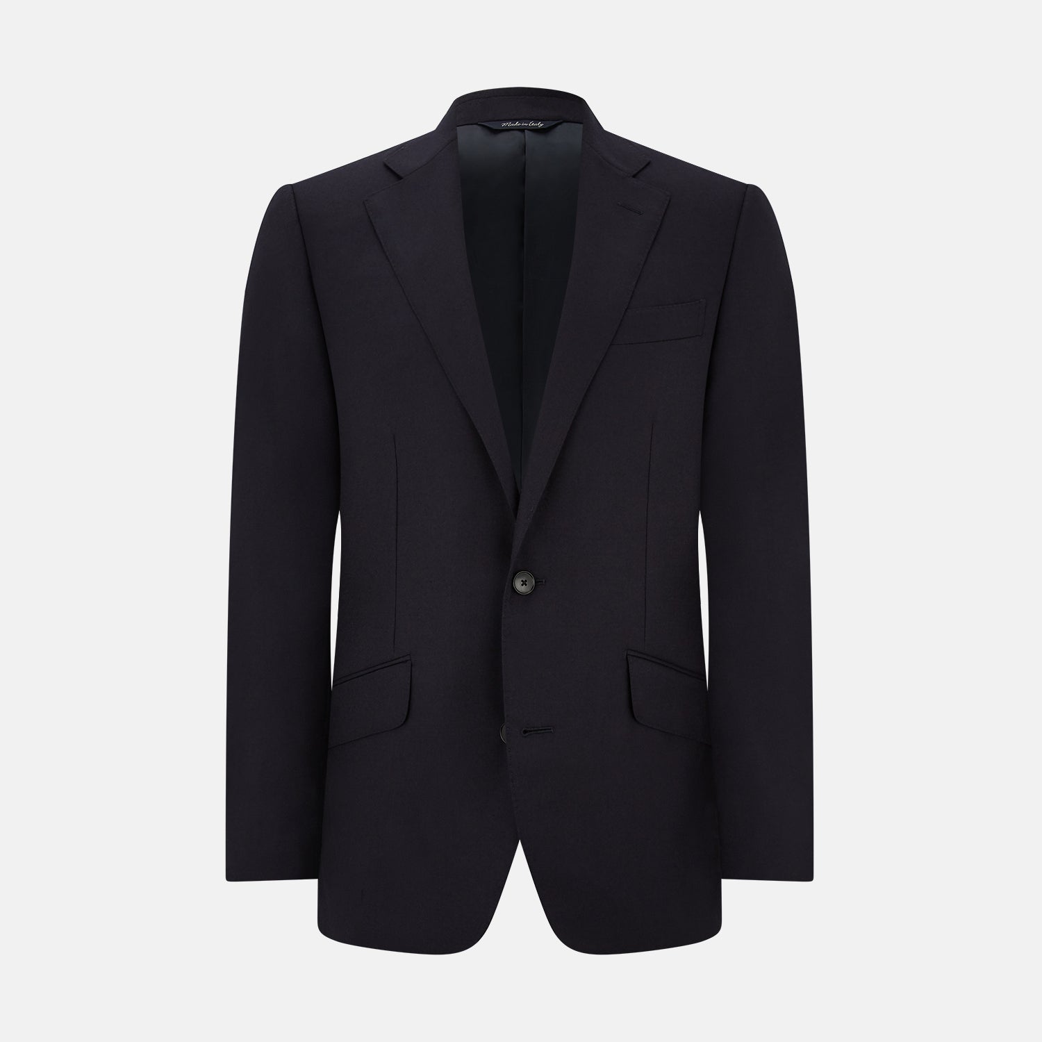 View 3 of product The Turnbull & Asser Short Navy Single Breasted Suit is shown flat on a white background, with a notch lapel jacket featuring two front pockets and matching trousers neatly folded underneath.