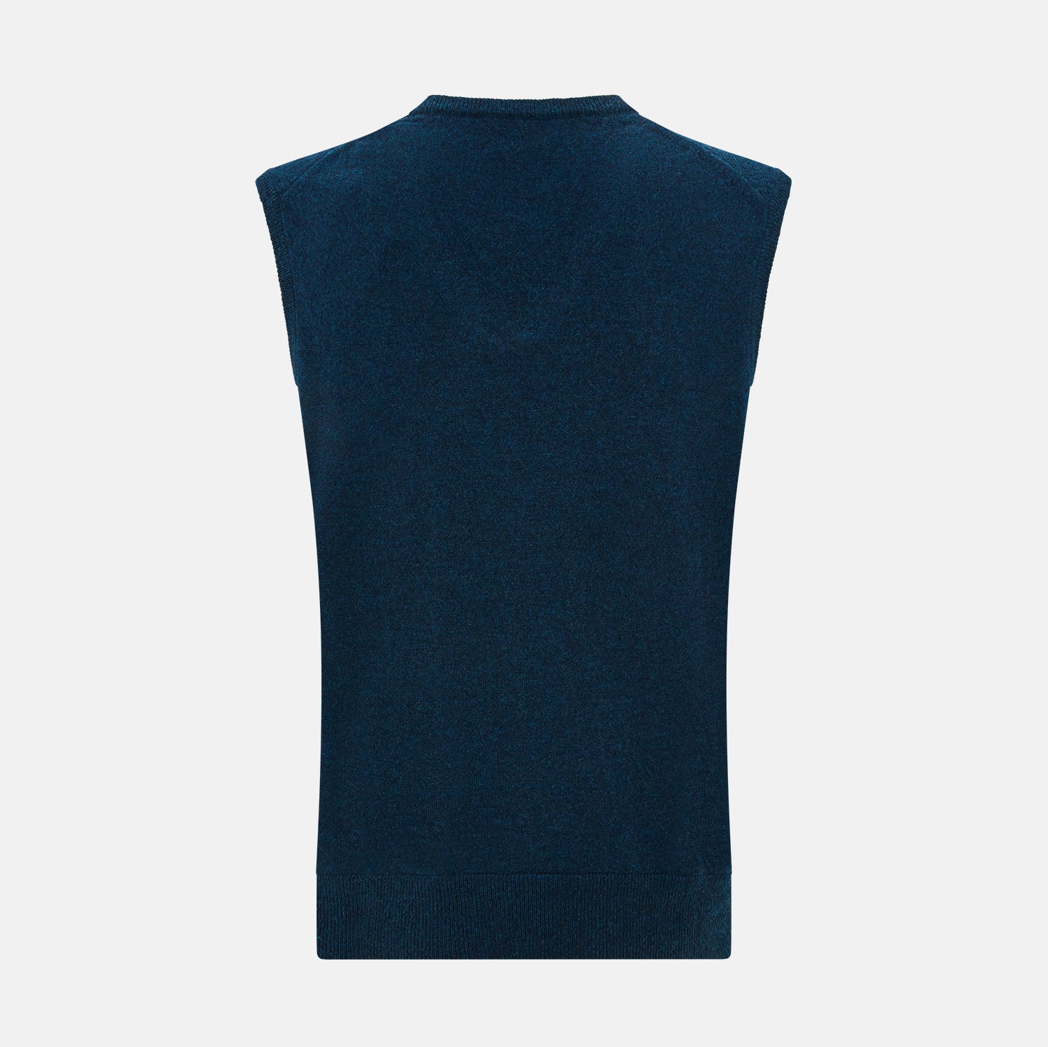 View 3 of product The Turnbull & Asser Dark Green Melange Cashmere V-Neck Vest is a sophisticated men’s sleeveless knitwear piece, shown against a plain white background.