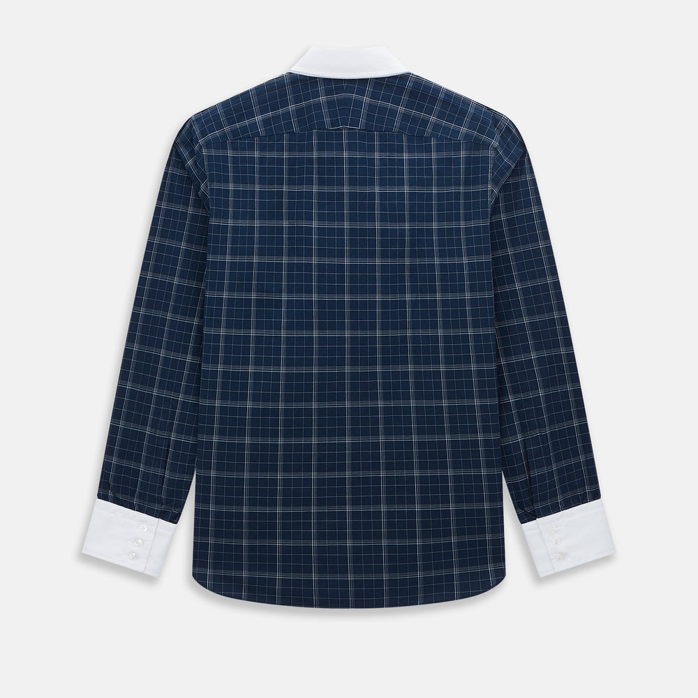 The Turnbull & Asser Indigo Windowpane Check Windsor Shirt features a contrast T&A collar and cuffs, highlighting British craftsmanship. It is displayed flat on a white background.
