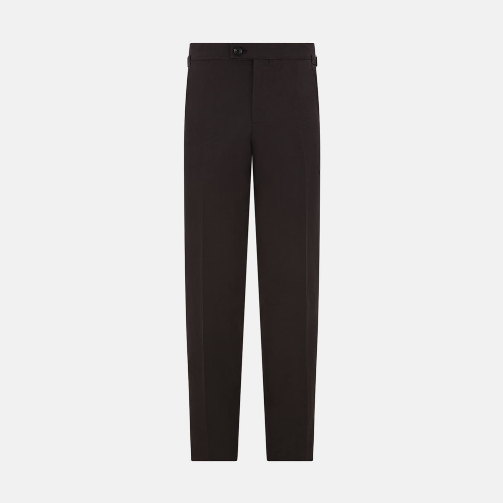 A pair of brown linen Henry trousers by Turnbull & Asser with a straight-leg cut and button waistband, ideal for formalwear, displayed against a plain white background.