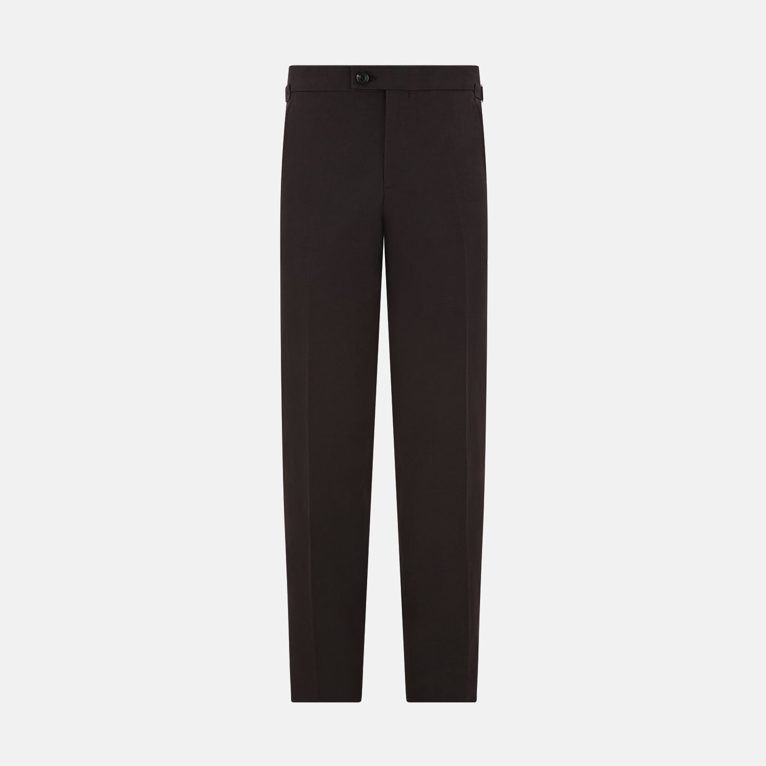 View 1 of product A pair of brown linen Henry trousers by Turnbull & Asser with a straight-leg cut and button waistband, ideal for formalwear, displayed against a plain white background.
