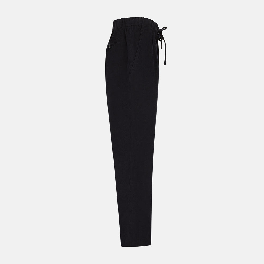 Navy Corduroy Miles Trousers by Turnbull & Asser, featuring an elasticated waist, straight-leg cut, and side pockets, displayed flat on a white background.