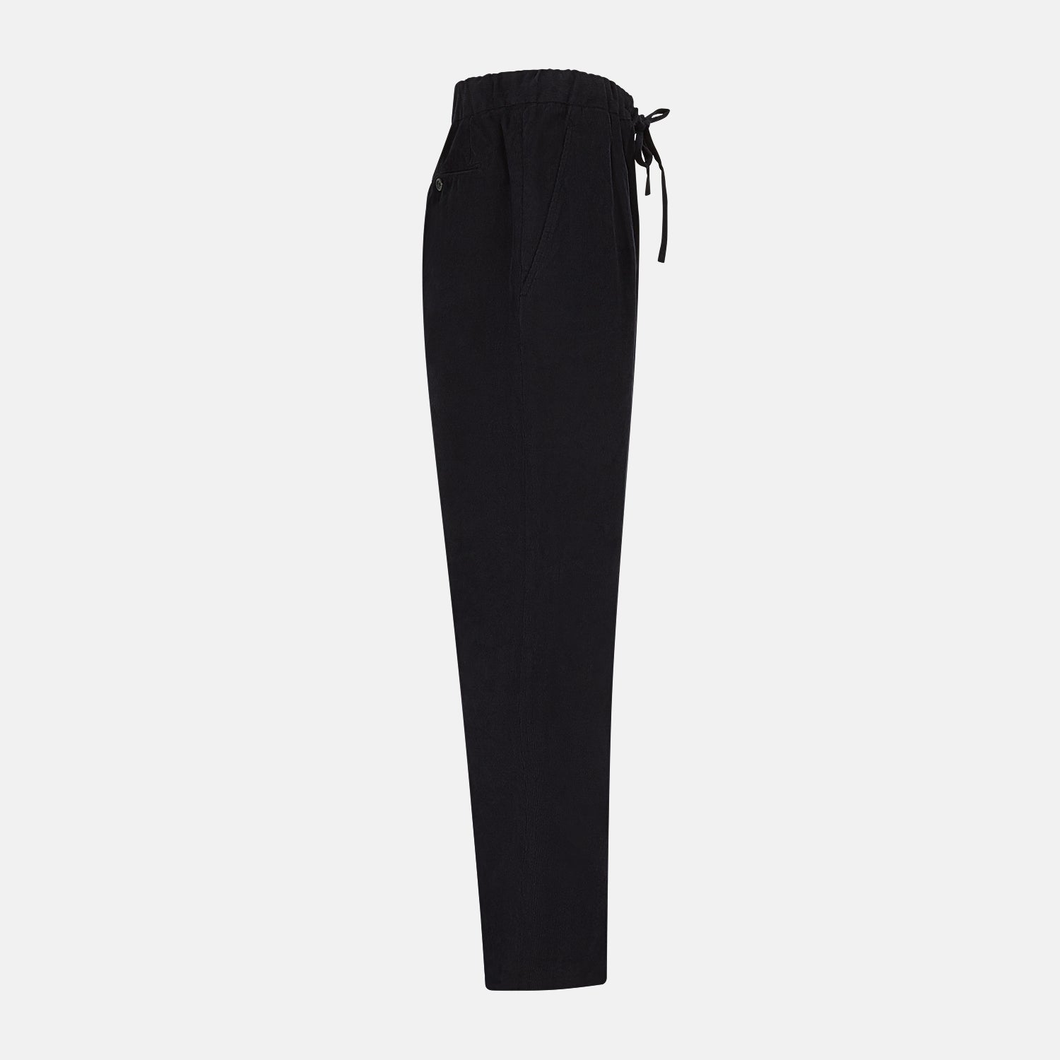 View 4 of product Navy Corduroy Miles Trousers by Turnbull & Asser, featuring an elasticated waist, straight-leg cut, and side pockets, displayed flat on a white background.