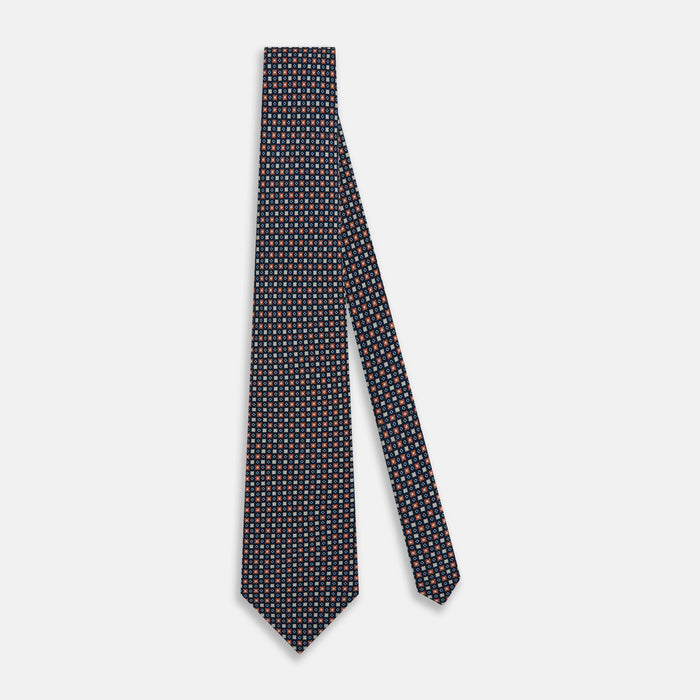 Navy and Orange Geometric Motif Silk Tie Image 1