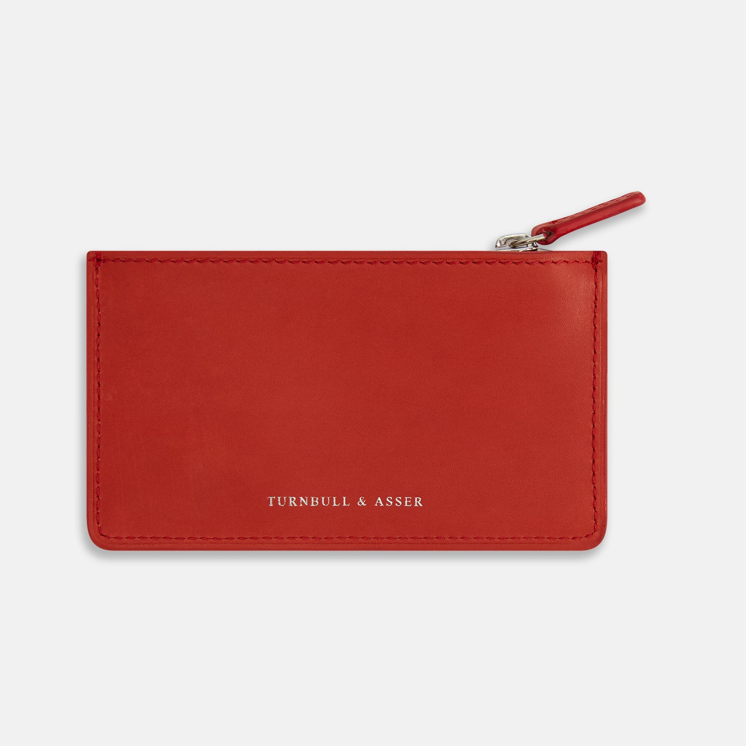 View 1 of product The Red Leather Zip Wallet by Turnbull & Asser features gold-embossed branding on the front and is shown against a plain white background.