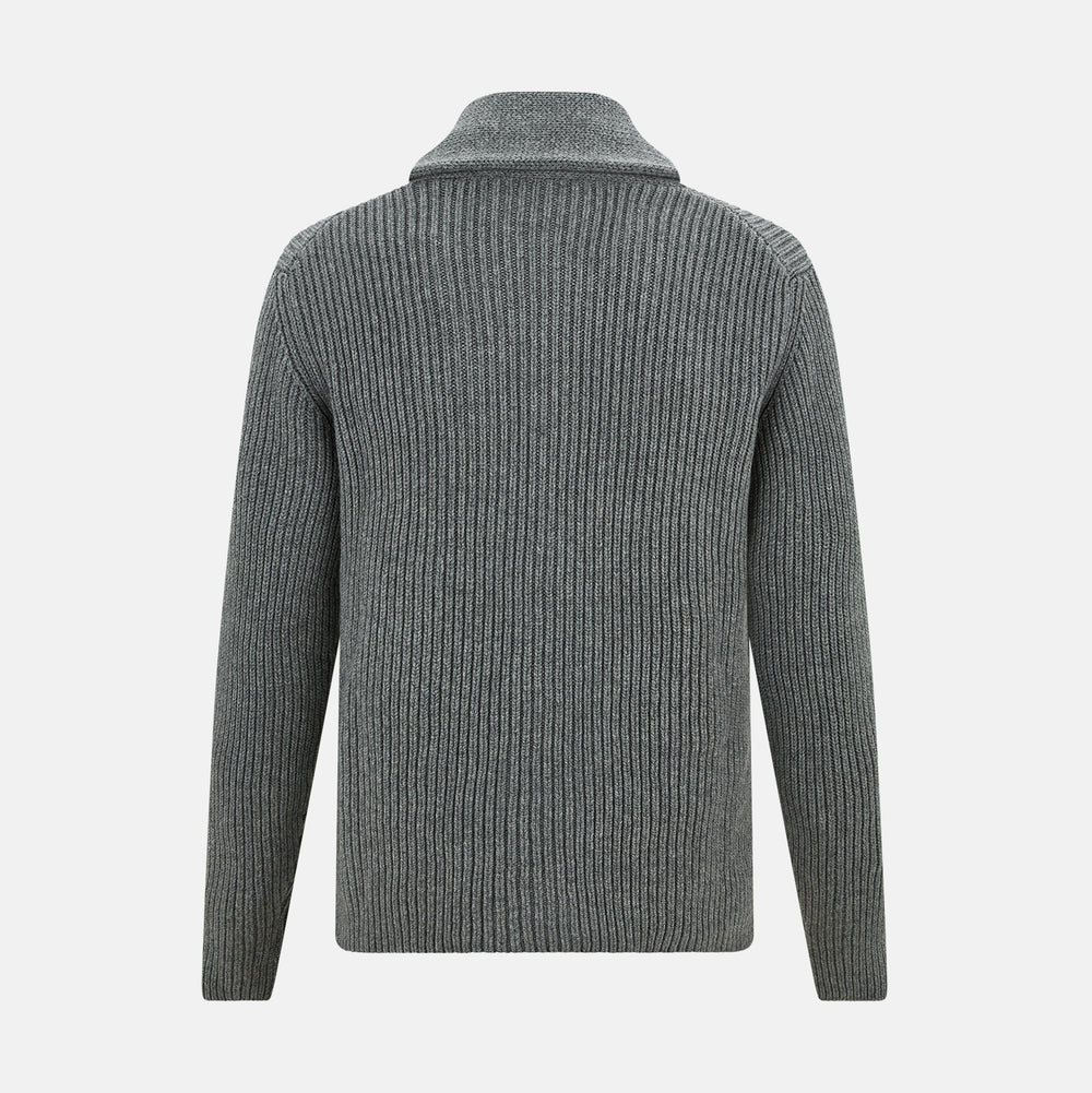 The Turnbull & Asser Grey Melange Cashmere Shawl Collar Cardigan features a ribbed-knit texture, five black front buttons, and two pockets, shown against a plain white background.