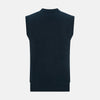 View 3 of product The Turnbull & Asser Dark Green Melange Cashmere Sleeveless Cardigan features ribbed edges, two front pockets, and a round neckline, presented against a plain white background.
