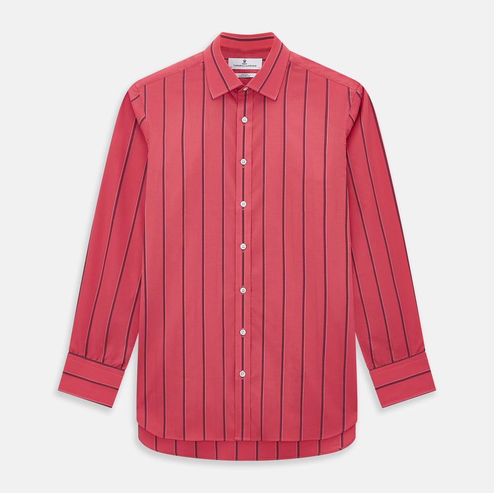 The Coral Red Track Stripe Mayfair Shirt by Turnbull & Asser features long sleeves, button-up front, a classic T&A collar, and buttoned cuffs in vibrant Italian cotton with vertical black pinstripes, shown on a plain white background.