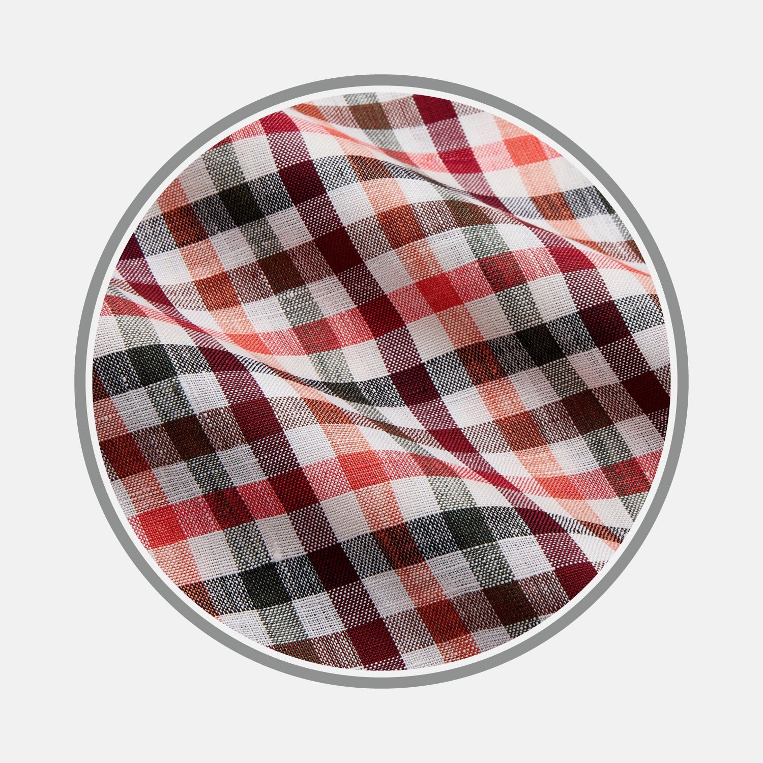 View 1 of product Close-up of Turnbull & Asser's Red and Green Check Linen Blend Fabric displayed in a circular frame against a white background.