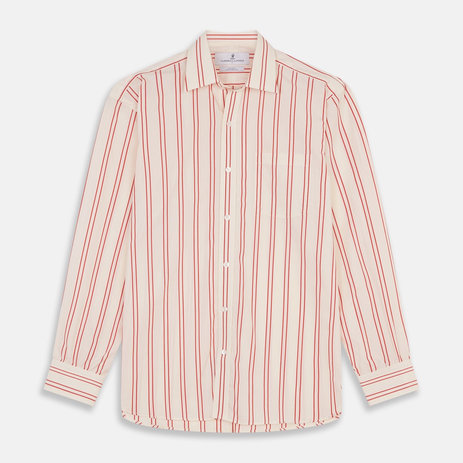 View 2 of product Close-up of Turnbull & Asser's Red and Off-White Stripe Cotton Fabric, featuring diagonal stripes in red and orange on an off-white background, displayed within a circular gray border.