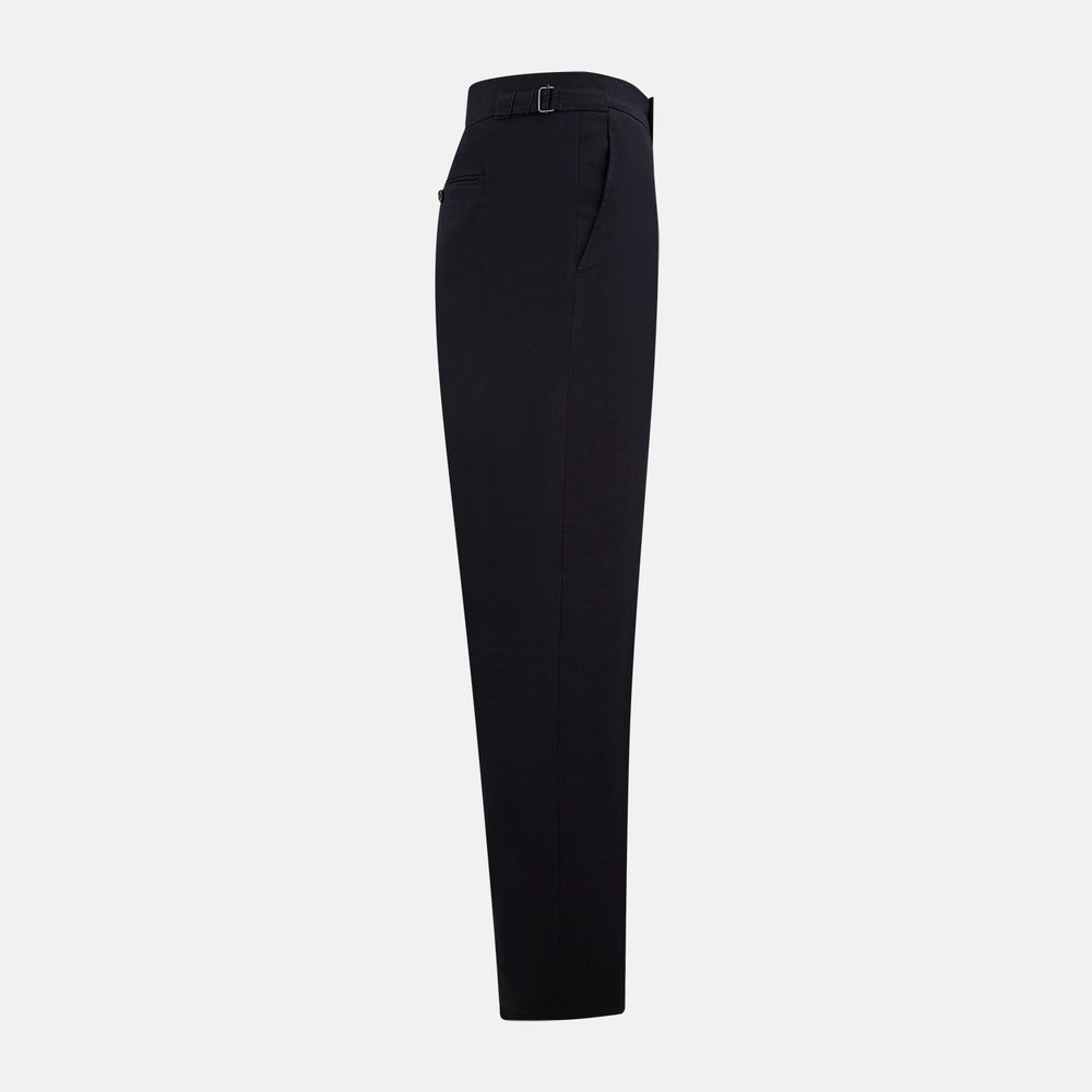A pair of tailored, straight-leg Navy Linen Blend Henry Trousers by Turnbull & Asser with button and zip closure, displayed against a plain white background.