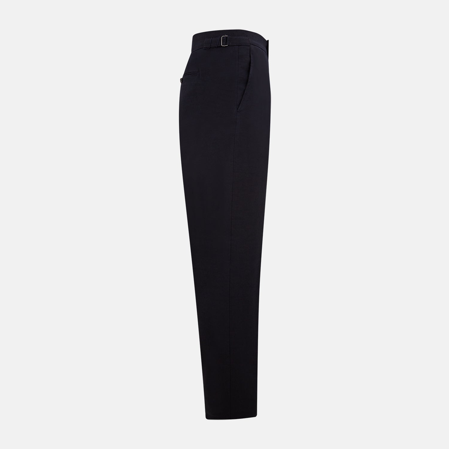 View 4 of product A pair of tailored, straight-leg Navy Linen Blend Henry Trousers by Turnbull & Asser with button and zip closure, displayed against a plain white background.