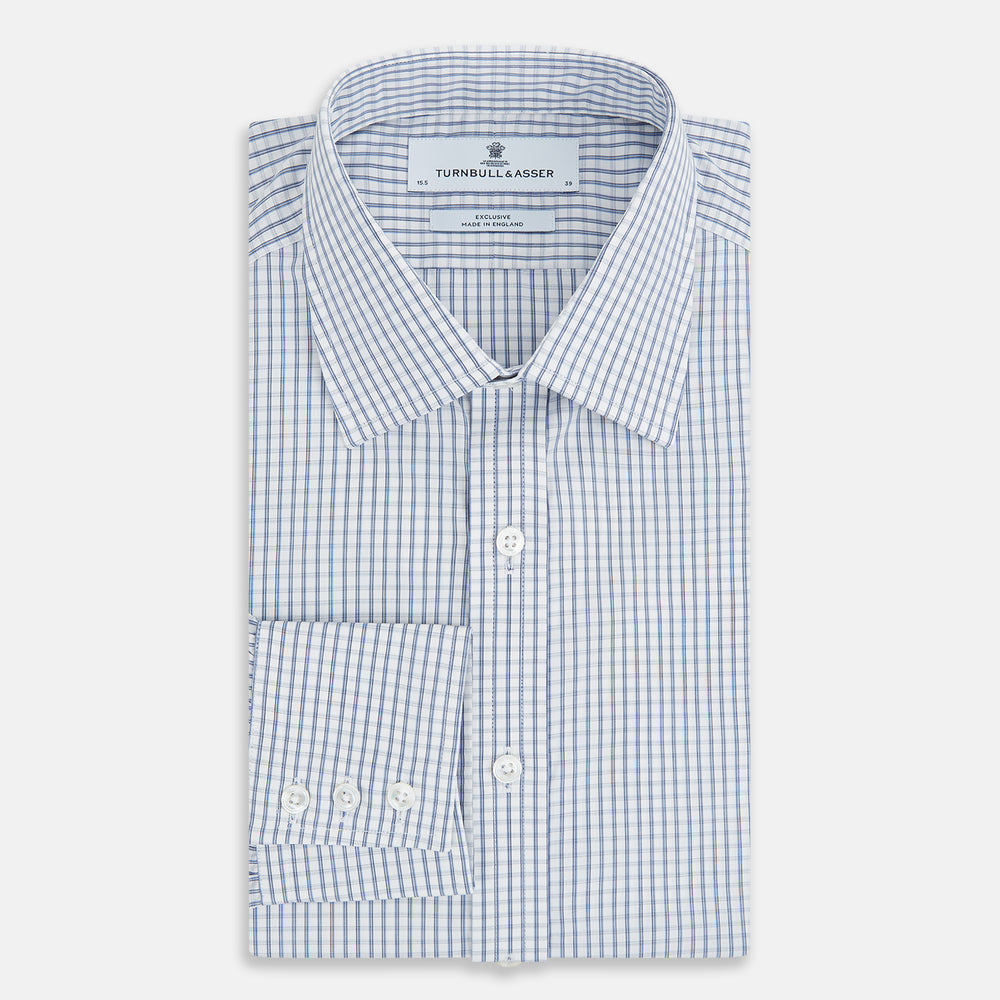 The Turnbull & Asser Blue Multi Tattersall Check Mayfair Shirt is a long-sleeved, button-down shirt featuring a small blue and white check pattern, pointed collar, and cuffs, shown laid flat on a white background.