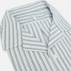 View 2 of product The Green Double Stripe Quarzo Nightshirt by Turnbull & Asser is a relaxed-fit, long-sleeve, knee-length Italian cotton shirt dress with a collar, partial button-down front, chest pocket, and buttoned cuffs in green and white stripes.