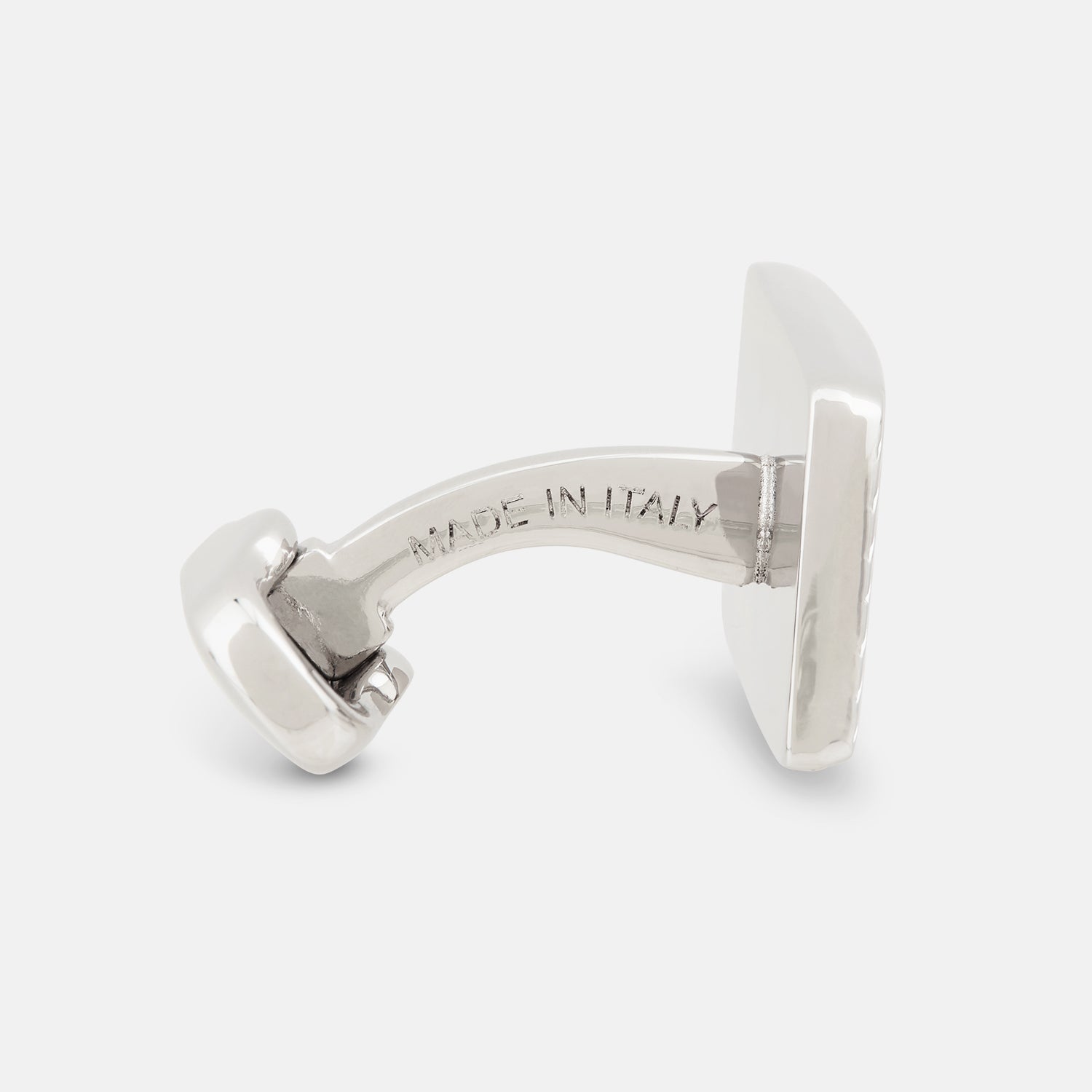 View 2 of product Turnbull & Asser's Silver Diagonal Striped Rectangular Cufflinks feature a sleek sterling silver design with diagonal stripes, displayed against a plain white background.