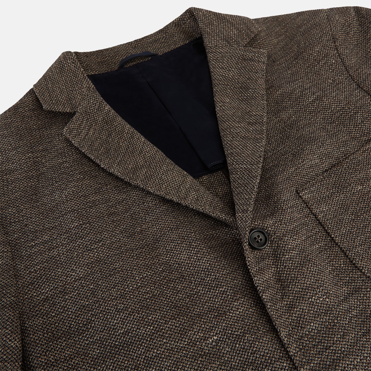 View 2 of product The Turnbull & Asser Pine Cone Linen Blend Cambridge blazer features a textured brown finish, notched lapel, two buttons, patch and chest pockets—showcasing classic British tailoring against a plain white background.
