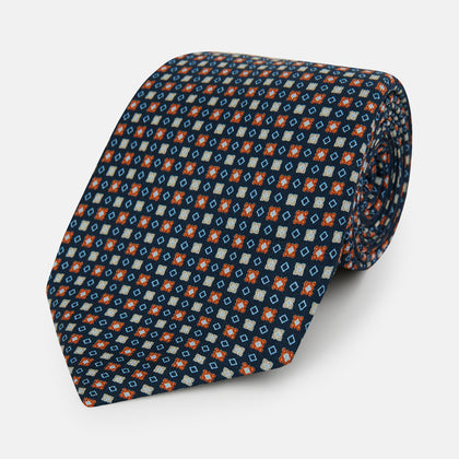 Navy and Orange Geometric Motif Silk Tie