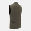 View 4 of product The Turnbull & Asser Olive Collared Linen Waistcoat is a sleeveless olive waistcoat with a collar, front buttons, one chest pocket, and two zippered side pockets, shown against a plain white background.