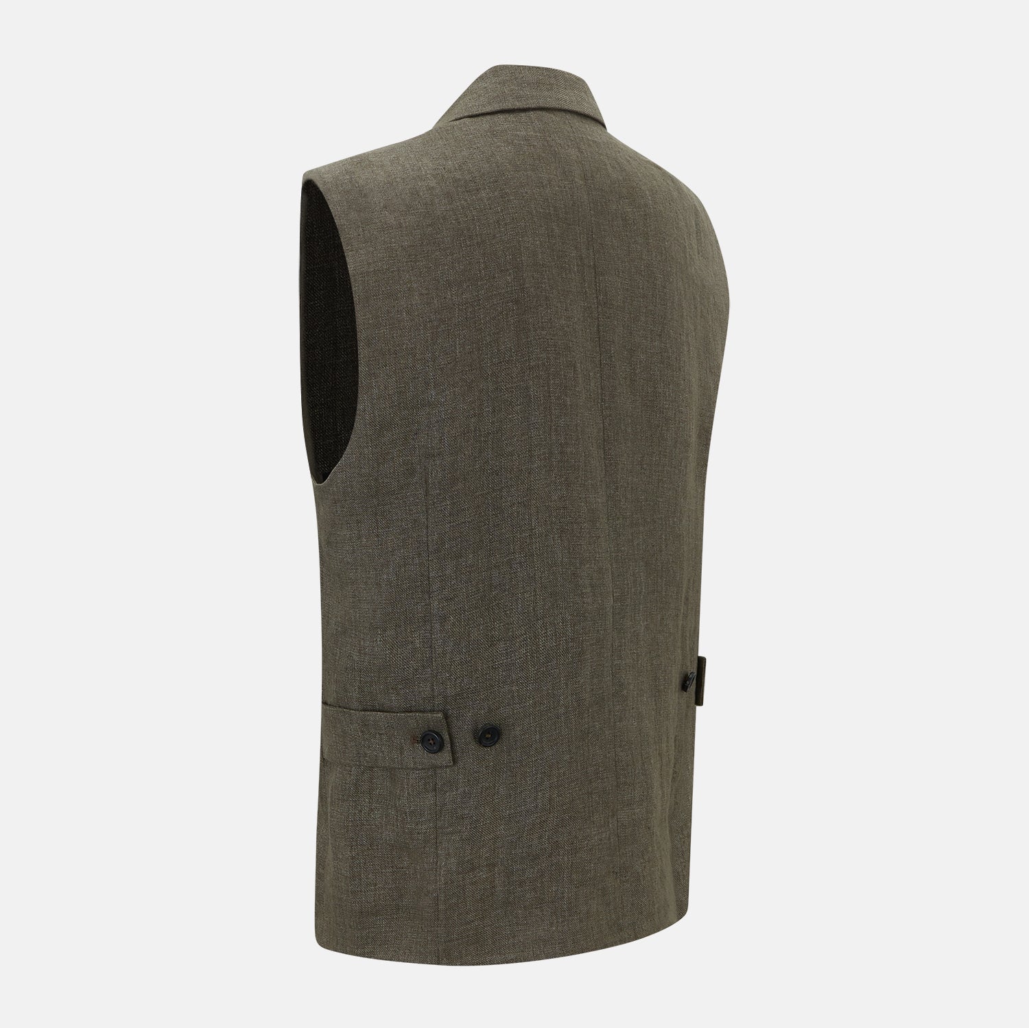 View 10 of product The Turnbull & Asser Olive Collared Linen Waistcoat is a sleeveless olive waistcoat with a collar, front buttons, one chest pocket, and two zippered side pockets, shown against a plain white background.