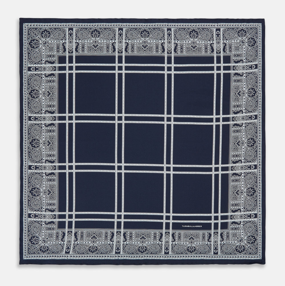 Navy Paisley Bandana Patterned Silk Pocket Square