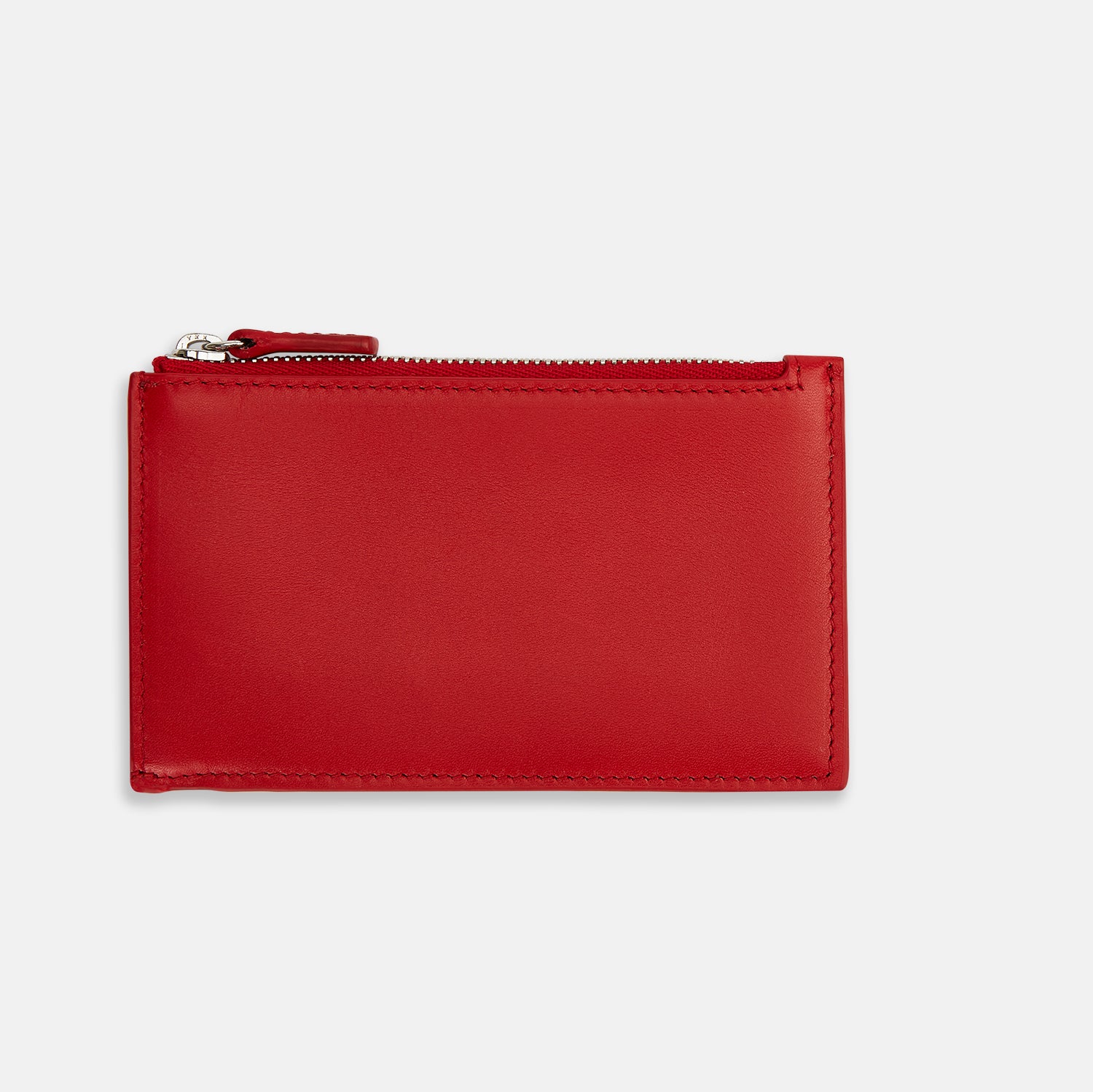 Image 3 of product The Red Leather Zip Coin and Card Holder by Turnbull & Asser features four card slots, a slim pocket, a zip compartment, and white embossed branding on the front.