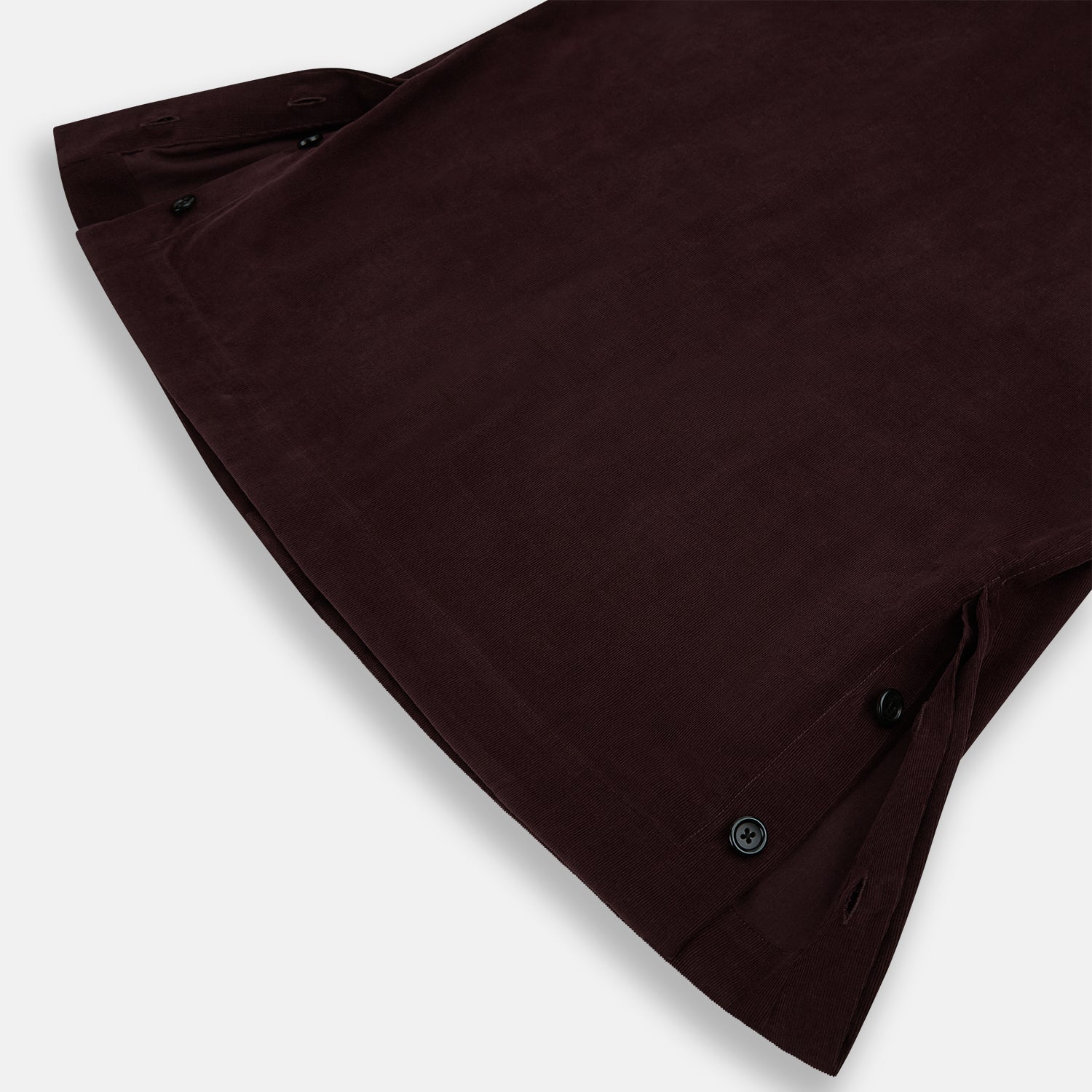 View 5 of product The Turnbull & Asser Burgundy Corduroy Hampstead Overshirt features long sleeves, a collar, a large left chest pocket, and two zippered side pockets, shown laid flat on a plain white background.