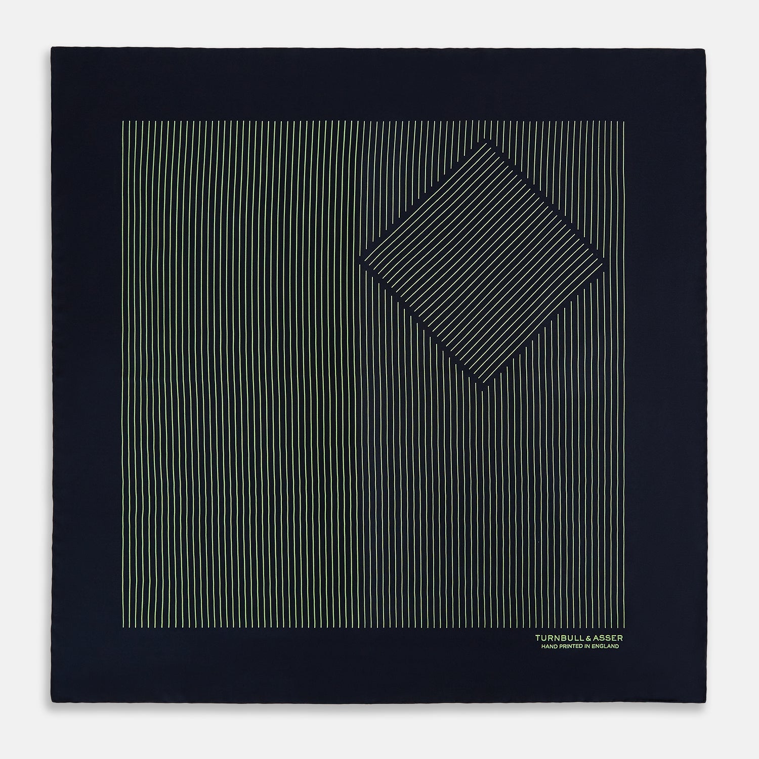 View 3 of product The Navy and Melon Green Stripe Silk Pocket Square by Turnbull & Asser features refined stripes, hand-printed branding in the corner, and is finished with elegant hand-rolled edges.