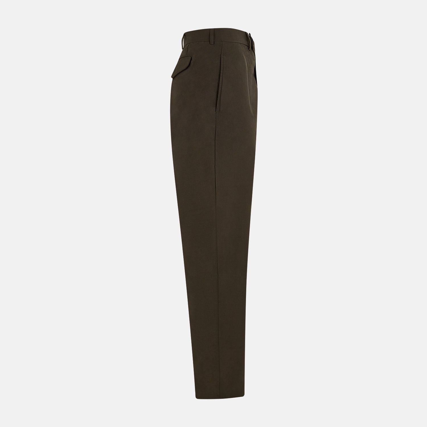 View 4 of product A pair of straight-leg Moss Green Winston Trousers by Turnbull & Asser in high-twist cotton with belt loops, button closure, and side pockets, displayed on a plain white background.