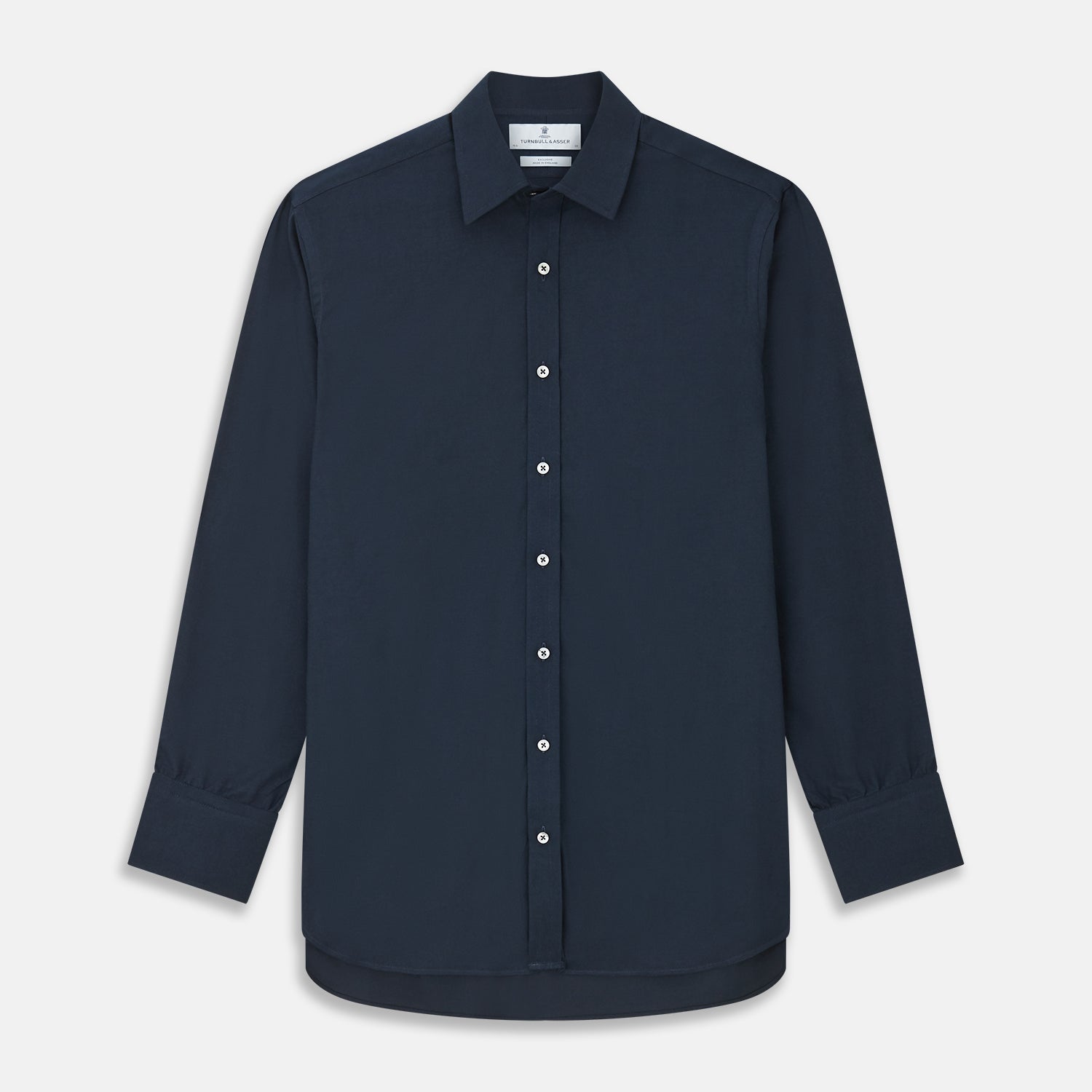 View 1 of product The Turnbull & Asser Navy Cotton Regular Fit Mayfair Shirt is a long-sleeved men’s formal shirt with a collar and white buttons, shown against a plain white background.