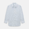 View 1 of product The SAPPHIRE BLUE MULTI TRACK STRIPE WINDSOR SHIRT by Turnbull & Asser features long sleeves, button-up front, classic collar, blue and white vertical stripes, buttoned cuffs, and showcases British craftsmanship on a white background.