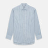 View 1 of product The Turnbull & Asser Sky Blue Double Stripe Mayfair Shirt features sky blue and white vertical stripes, a T&A collar, buttoned cuffs, and is displayed flat on a white background.