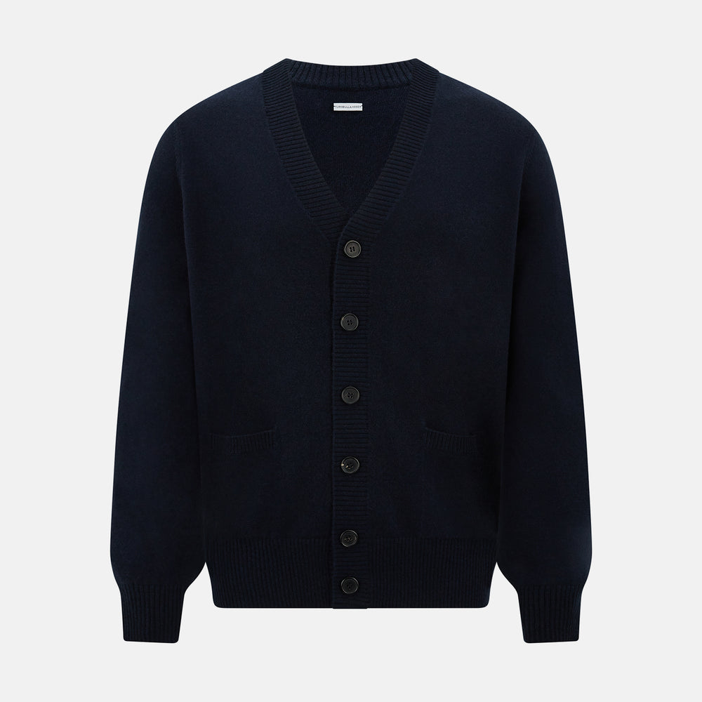 The Navy V-Neck Cashmere Cardigan by Turnbull & Asser features a button-up front, ribbed cuffs and hem, and two front pockets—a classic from our knitwear collection.