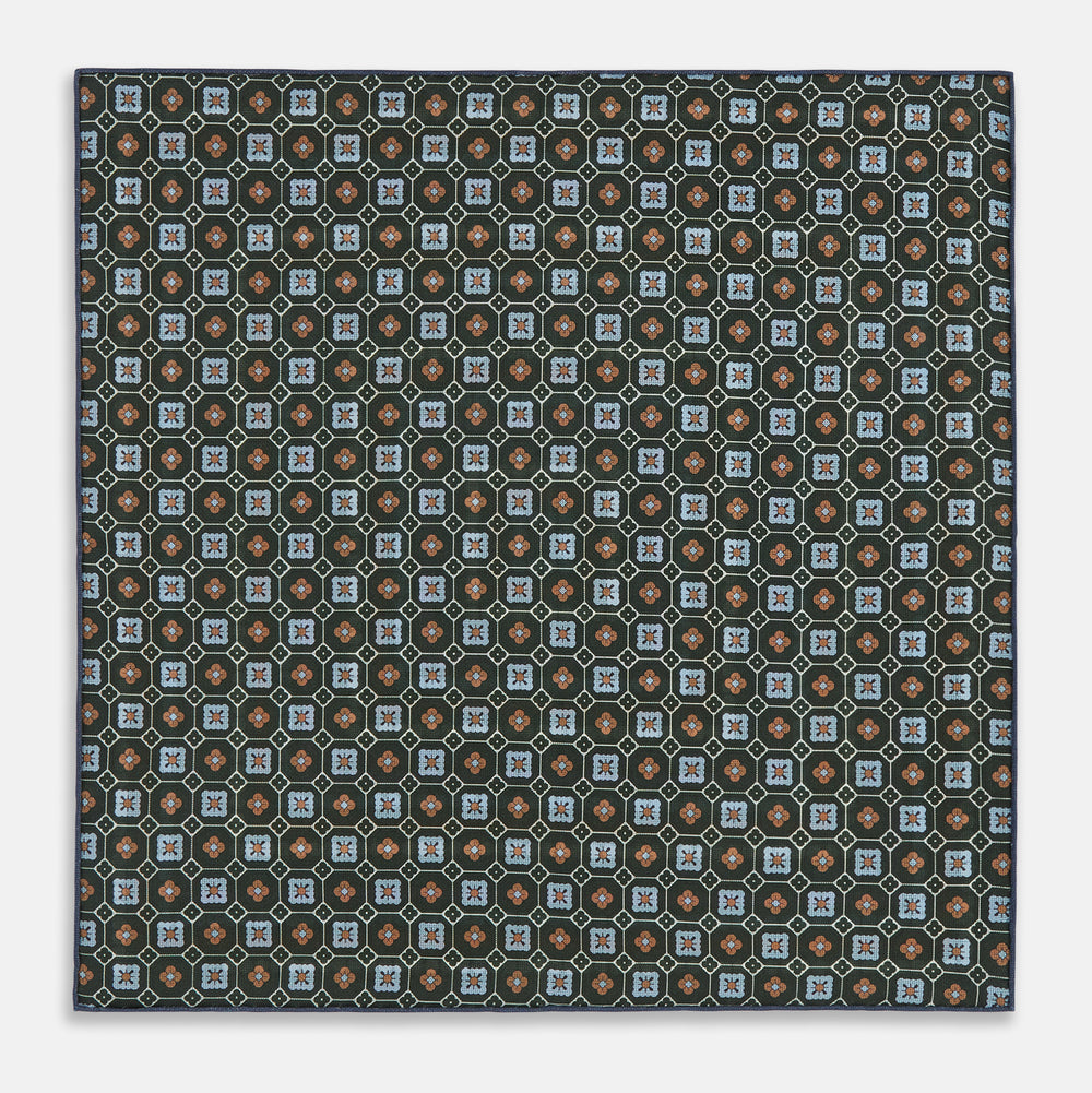 Forest Green Dots and Floral Tile Double-Sided Silk Pocket Square
