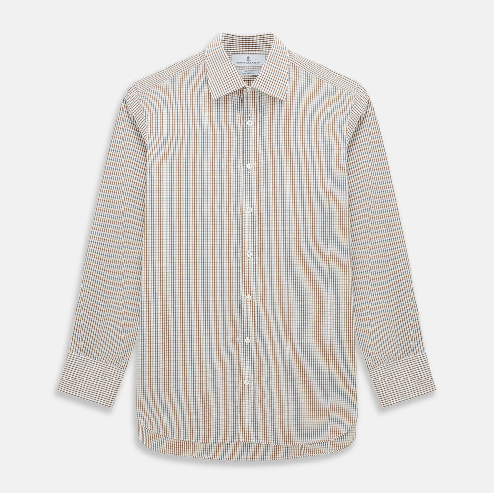 The Coffee Micro Shadow Check Mayfair Shirt by Turnbull & Asser is a long-sleeved, button-up shirt made from fine Italian cotton with a small brown and white check pattern, classic collar, and buttoned cuffs—an essential for any man’s wardrobe.