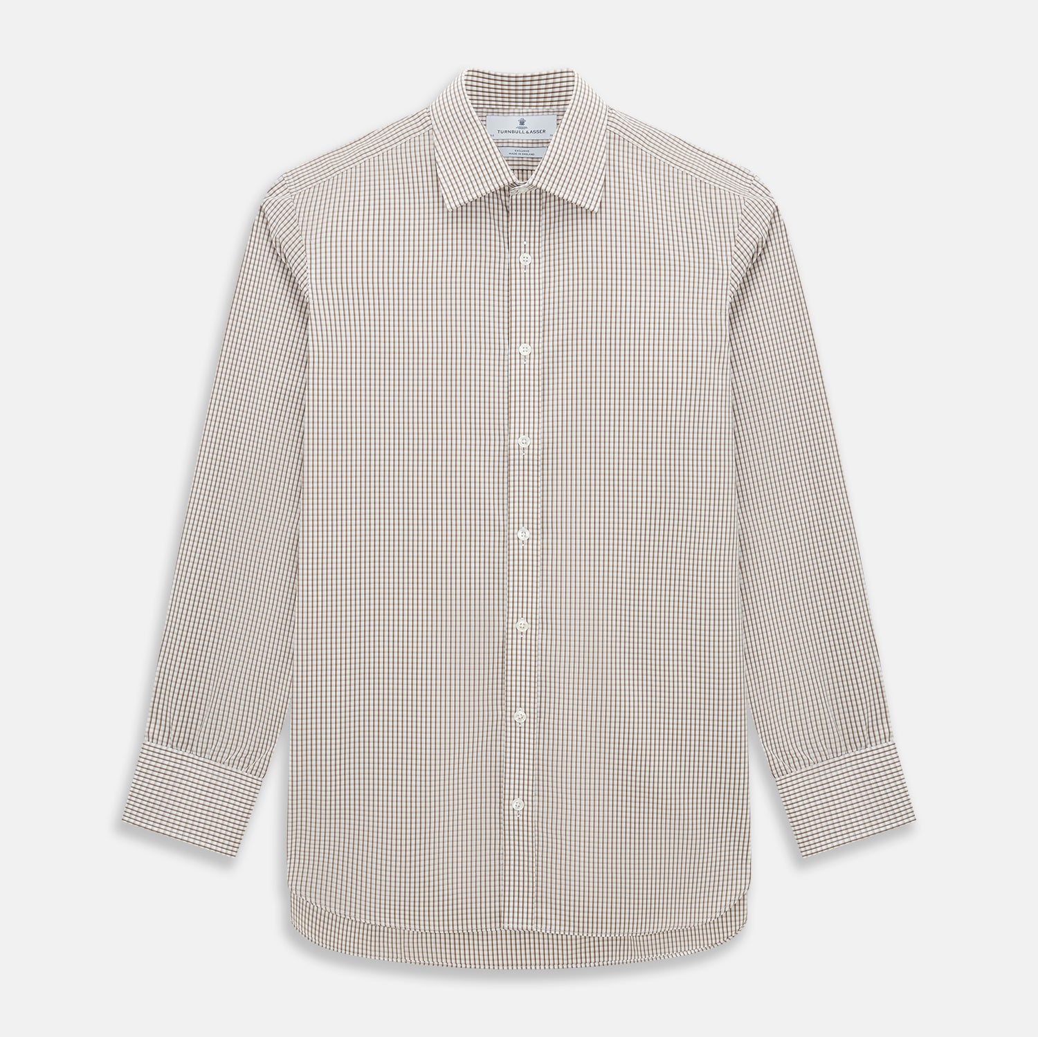 View 1 of product The Coffee Micro Shadow Check Mayfair Shirt by Turnbull & Asser is a long-sleeved, button-up shirt made from fine Italian cotton with a small brown and white check pattern, classic collar, and buttoned cuffs—an essential for any man’s wardrobe.