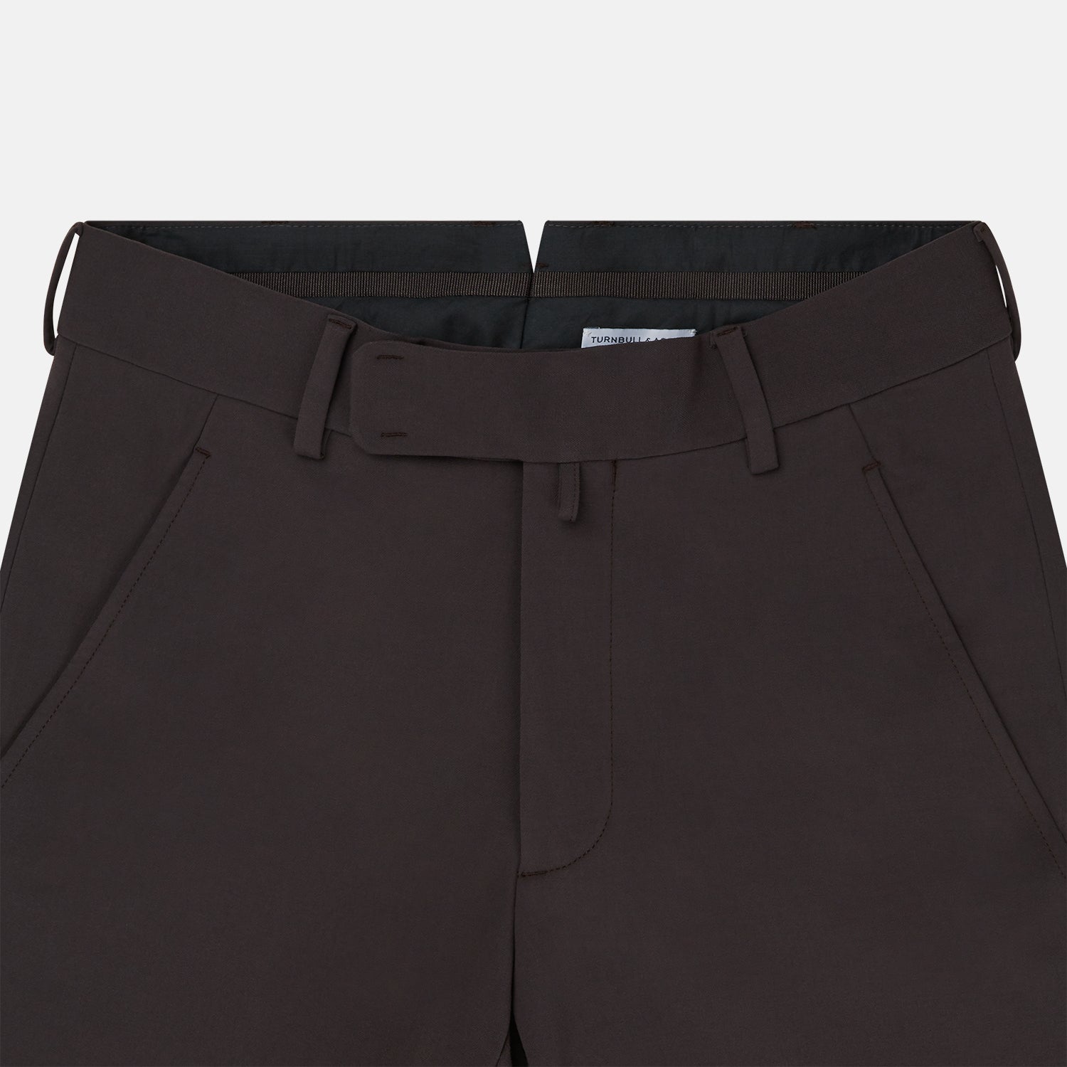 View 2 of product The Turnbull & Asser Brown James Trouser in a straight fit features Italian cotton, belt loops, side pockets, and a front zipper with button closure, displayed on a plain white background.