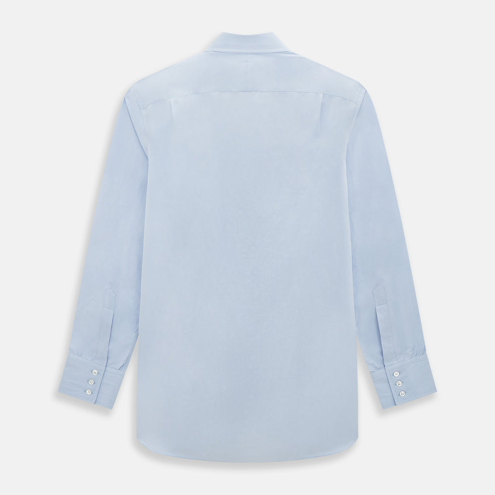 The Pale Blue Mayfair Shirt by Turnbull & Asser is a long-sleeve, button-up dress shirt with a pointed collar and buttoned cuffs, crafted from sanforised cotton and shown laid flat on a white background.