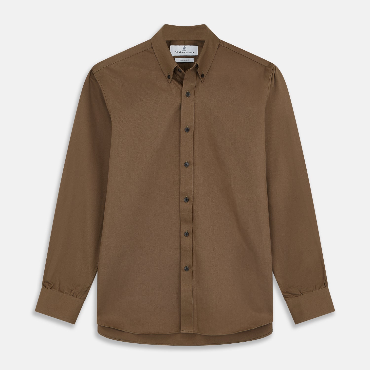 View 1 of product The Turnbull & Asser Khaki Weekend Fit Hayne Shirt features a Dorset collar and 1-button cuffs. Displayed on a plain white background.