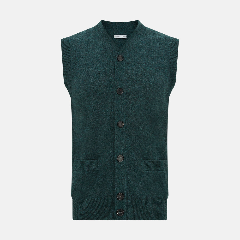 The Turnbull & Asser Forest Green Melange Cashmere Sleeveless Cardigan features a button-up front, two pockets, ribbed hem, and round neckline, shown on a white background.