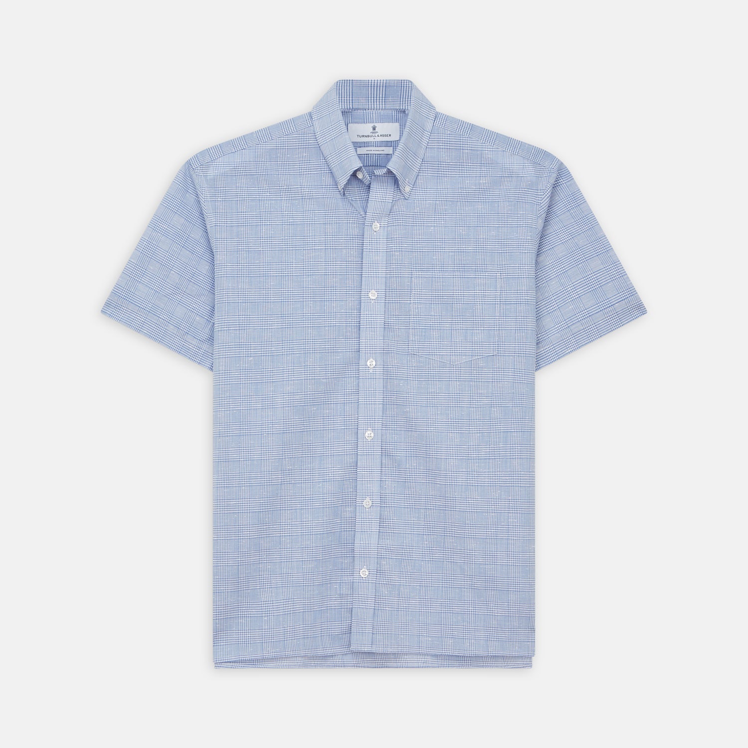View 1 of product The Turnbull & Asser Pale Blue Multi Check Cotton Weekend Fit Williams Shirt features short sleeves, a pointed collar, single chest pocket, and premium Italian cotton with a subtle checkered pattern, shown on a white background.