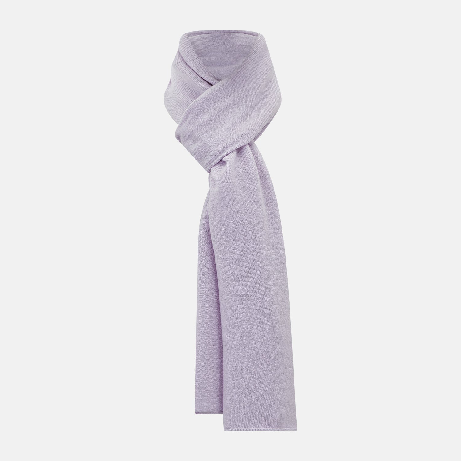 Image 1 of product The Turnbull & Asser Plain Lilac Cashmere Knitted Scarf is shown neatly tied in a loose knot against a plain white background, highlighting its elegant and timeless design.
