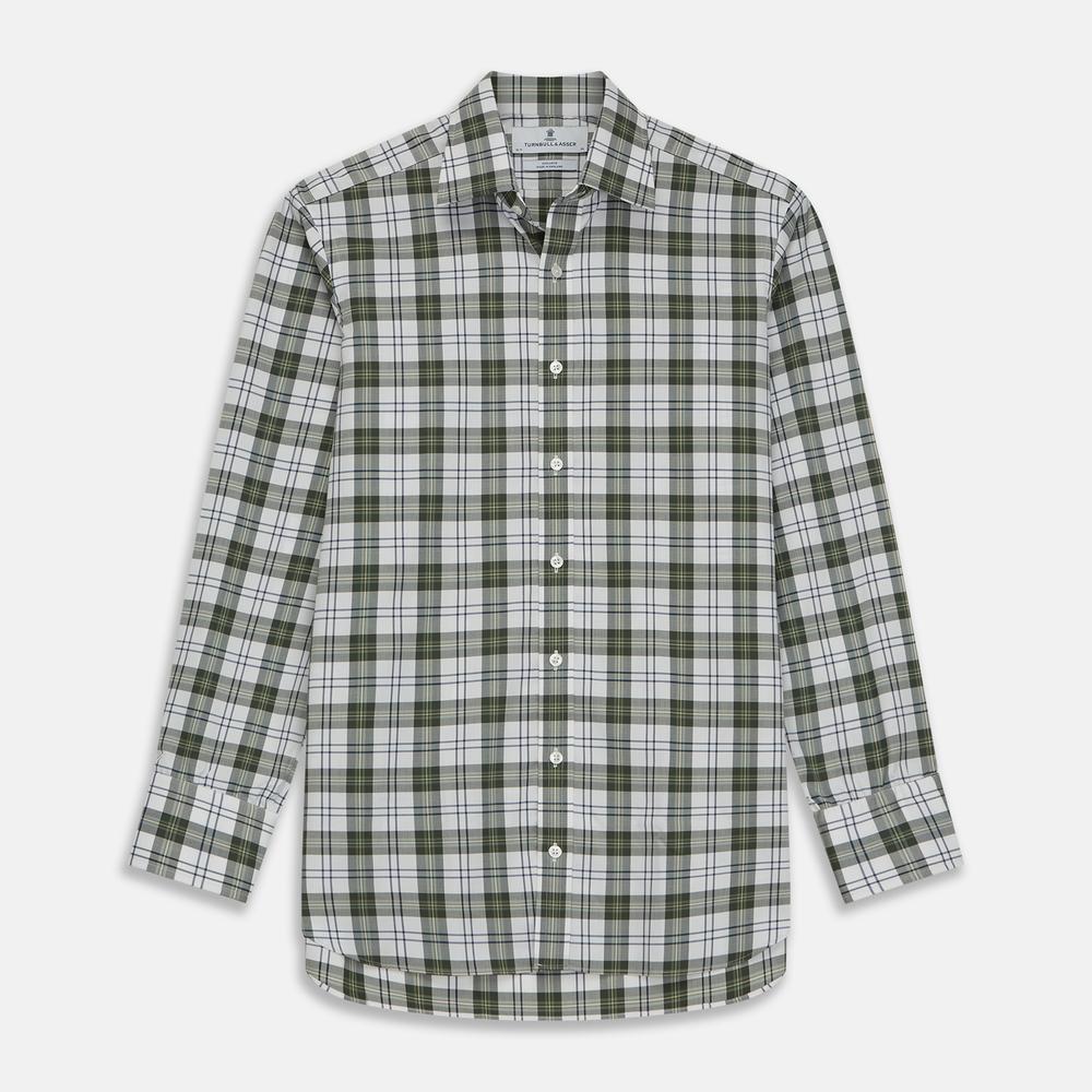 Circular swatch of Turnbull & Asser's Green Check Cotton Fabric, featuring dark green, navy blue, and beige intersecting lines on white, bordered by a gray ring.