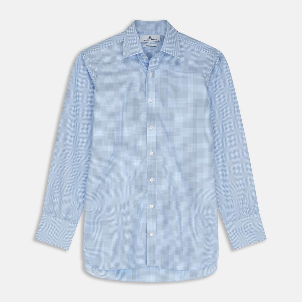 A circular swatch of Pale Blue Check Cotton Fabric by Turnbull & Asser features a small, light blue and white gingham pattern with a thin gray border on a plain white background.