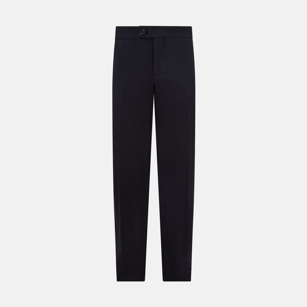 A pair of tailored, straight-leg Navy Linen Blend Henry Trousers by Turnbull & Asser with button and zip closure, displayed against a plain white background.