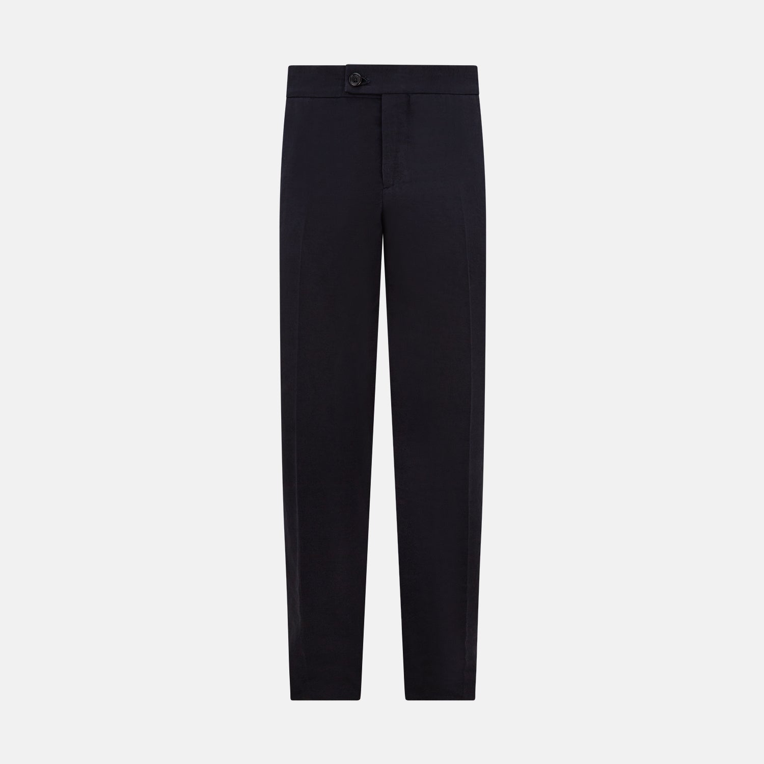 View 1 of product A pair of tailored, straight-leg Navy Linen Blend Henry Trousers by Turnbull & Asser with button and zip closure, displayed against a plain white background.